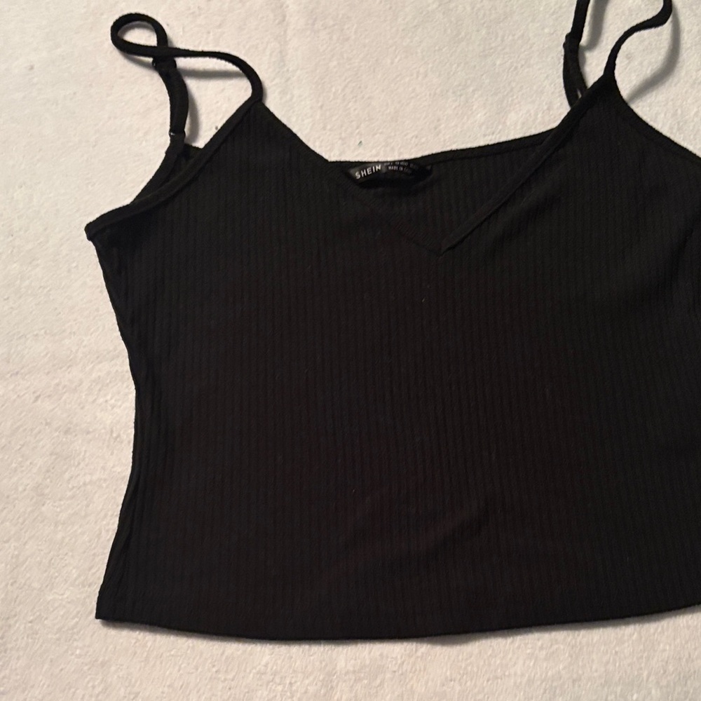 SHEIN Black Ribbed V-Neck Spaghetti Strap Cami